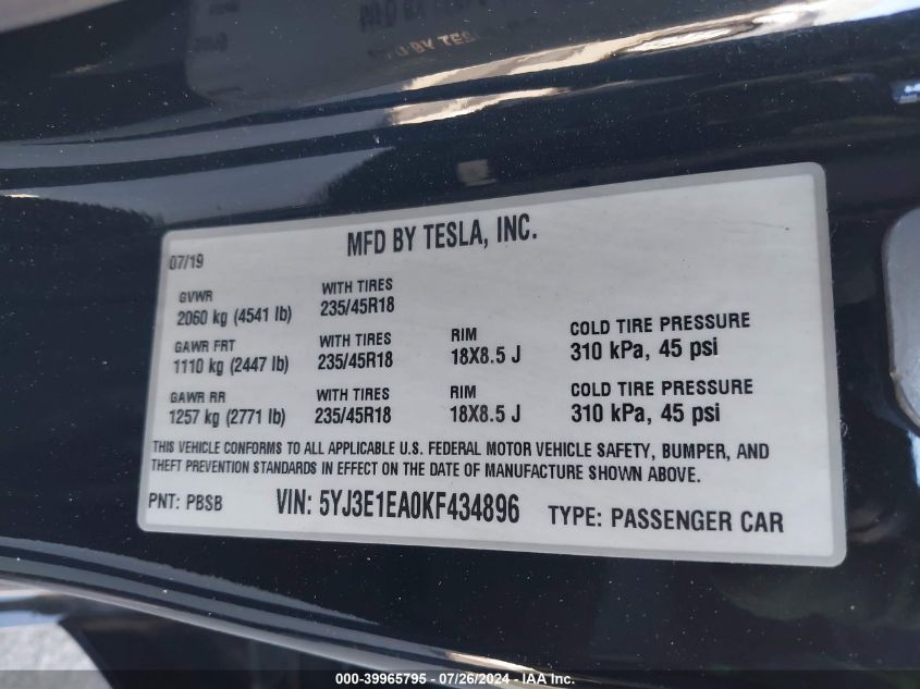 2019 Tesla Model 3 Long Range/Mid Range/Standard Range/Standard Range Plus VIN: 5YJ3E1EA0KF434896 Lot: 39965795