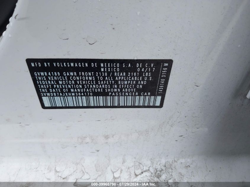 2017 Volkswagen Jetta 1.4T Se VIN: 3VWDB7AJXHM364170 Lot: 39965798