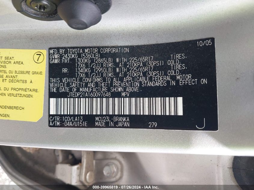 2006 Toyota Highlander Limited V6 VIN: JTEDP21A160097648 Lot: 39965819