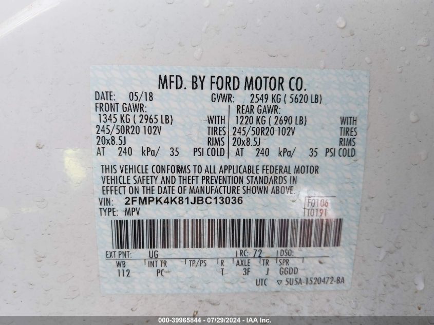 2018 Ford Edge Titanium VIN: 2FMPK4K81JBC13036 Lot: 39965844