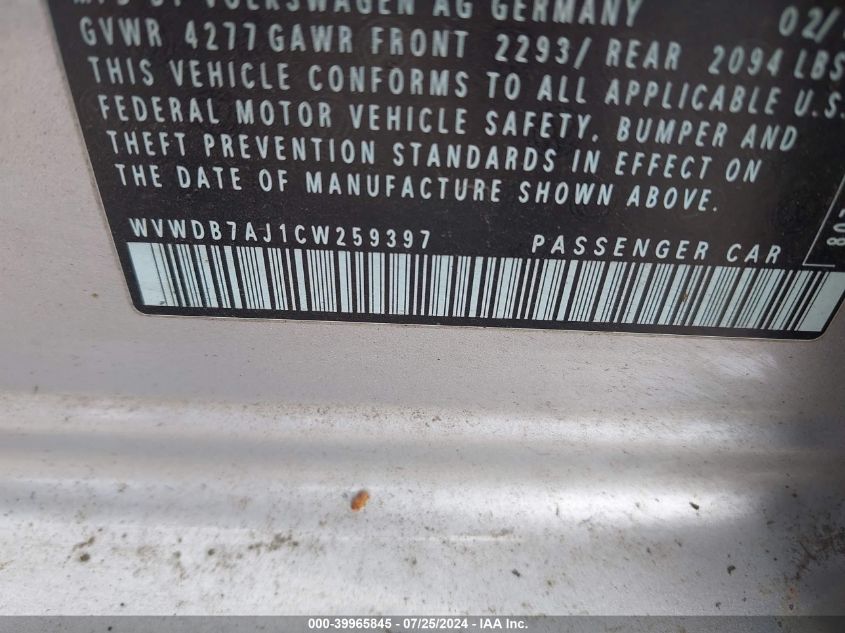 2012 Volkswagen Golf 2.5L 4-Door VIN: WVWDB7AJ1CW259397 Lot: 39965845