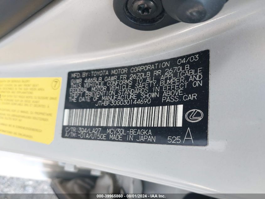 2003 Lexus Es 300 VIN: JTHBF30G030144690 Lot: 39965860