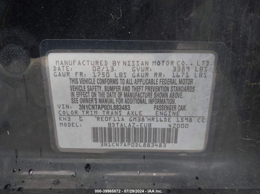 2013 Nissan Versa 1.6 S+ VIN: 3N1CN7AP0DL883483 Lot: 39965872