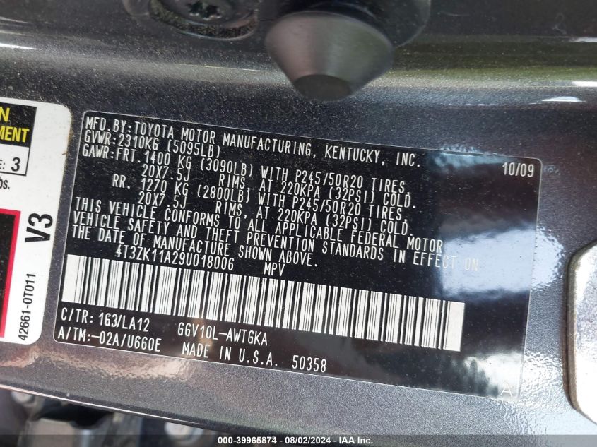 2009 Toyota Venza Base V6 VIN: 4T3ZK11A29U018006 Lot: 39965874