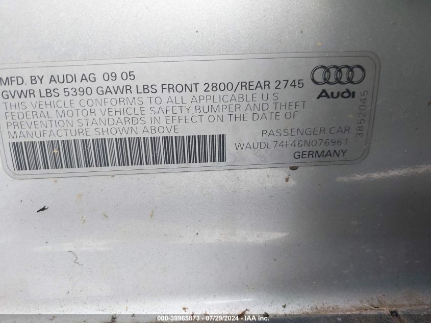 2006 Audi A6 4.2 Quattro VIN: WAUDL74F46N076961 Lot: 39965873
