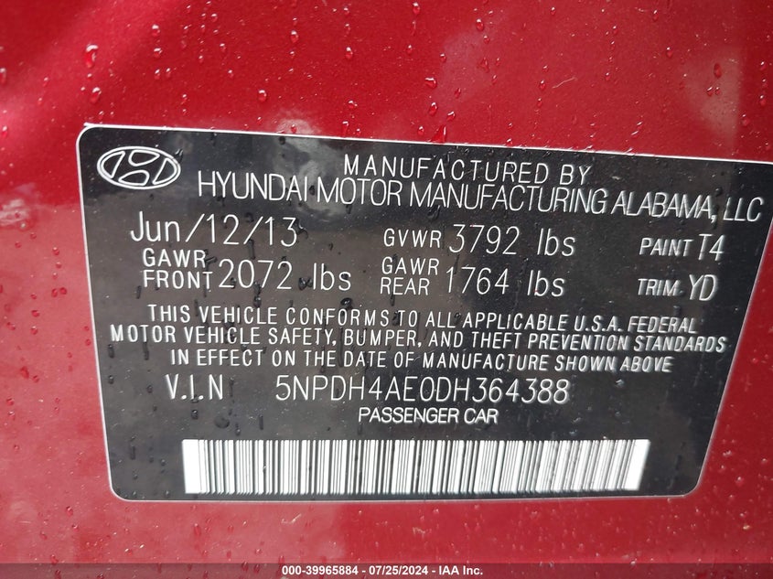 2013 Hyundai Elantra Gls VIN: 5NPDH4AE0DH364388 Lot: 39965884