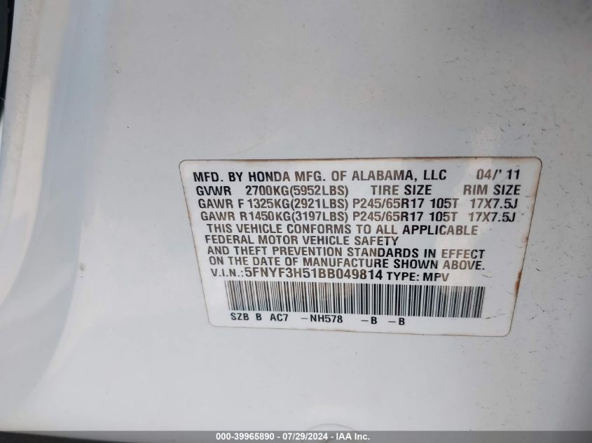 2011 Honda Pilot Exl VIN: 5FNYF3H51BB049814 Lot: 39965890