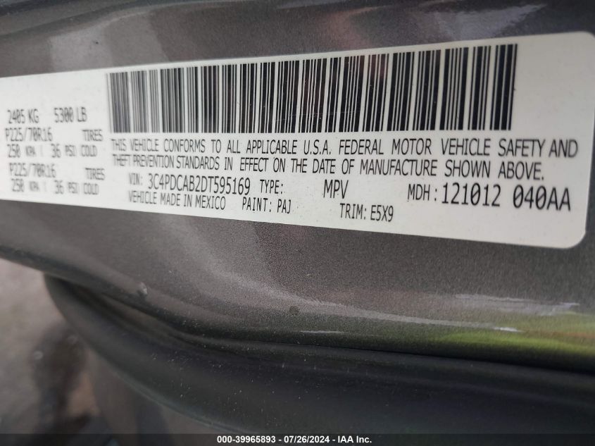 2013 Dodge Journey American Value Pkg VIN: 3C4PDCAB2DT595169 Lot: 39965893