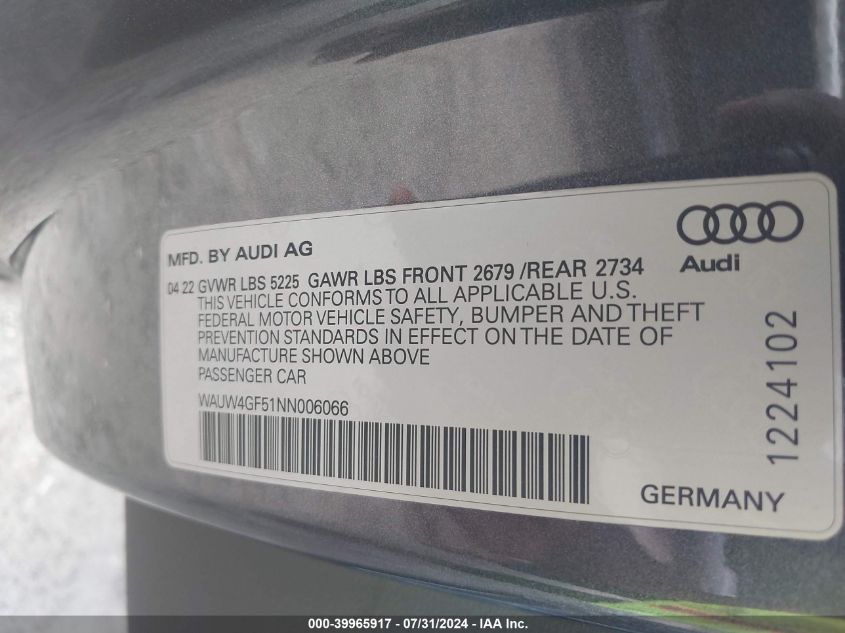 WAUW4GF51NN006066 2022 Audi S5 Cabriolet Premium Plus Tfsi Quattro Tiptronic