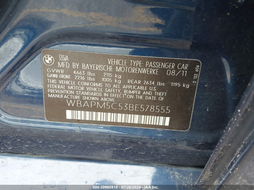 2011 BMW 335I VIN: WBAPM5C53BE578555 Lot: 39965918
