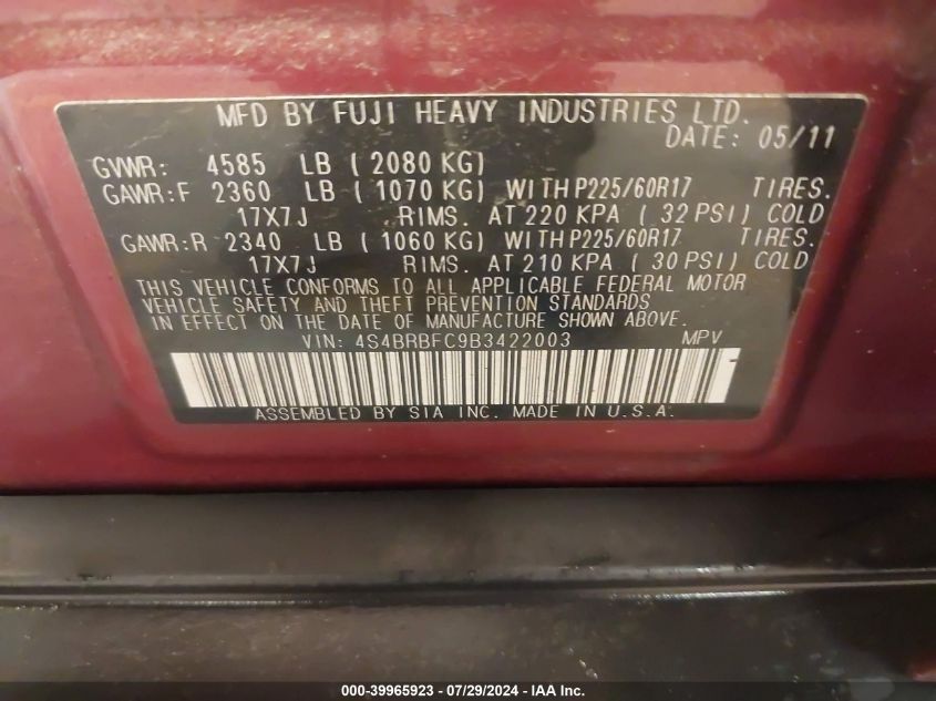 2011 Subaru Outback 2.5I Premium VIN: 4S4BRBFC9B3422003 Lot: 39965923