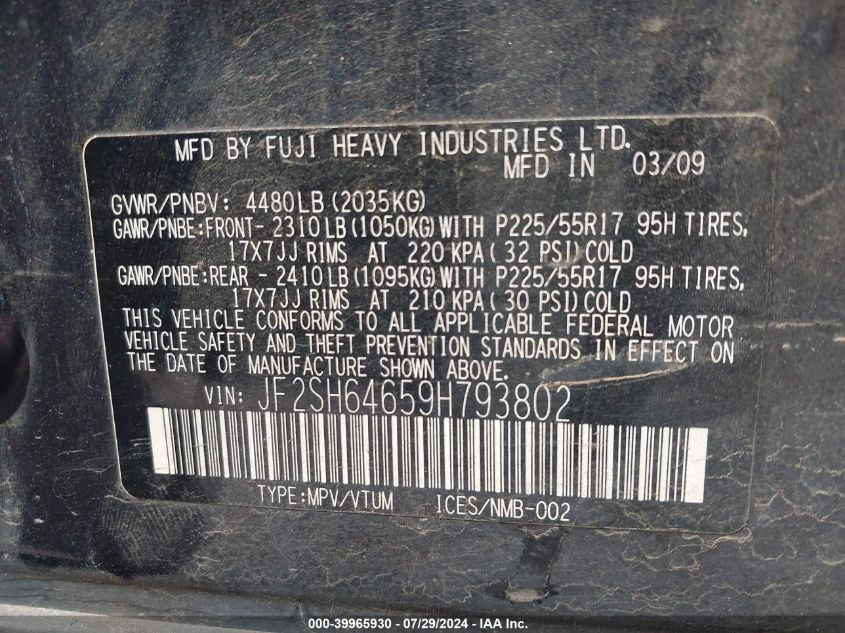 2009 Subaru Forester 2.5X Limited VIN: JF2SH64659H793802 Lot: 39965930