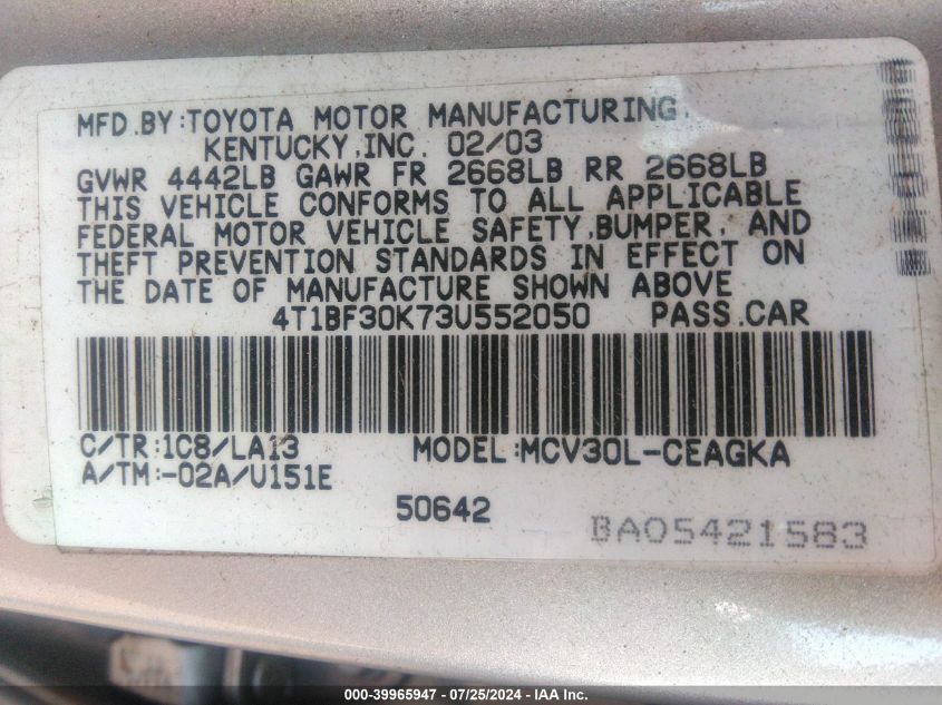 2003 Toyota Camry Xle V6 VIN: 4T1BF30K73U552050 Lot: 39965947