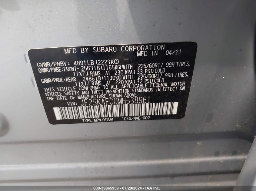 2021 Subaru Forester Premium VIN: JF2SKAFC0MH538961 Lot: 39965959