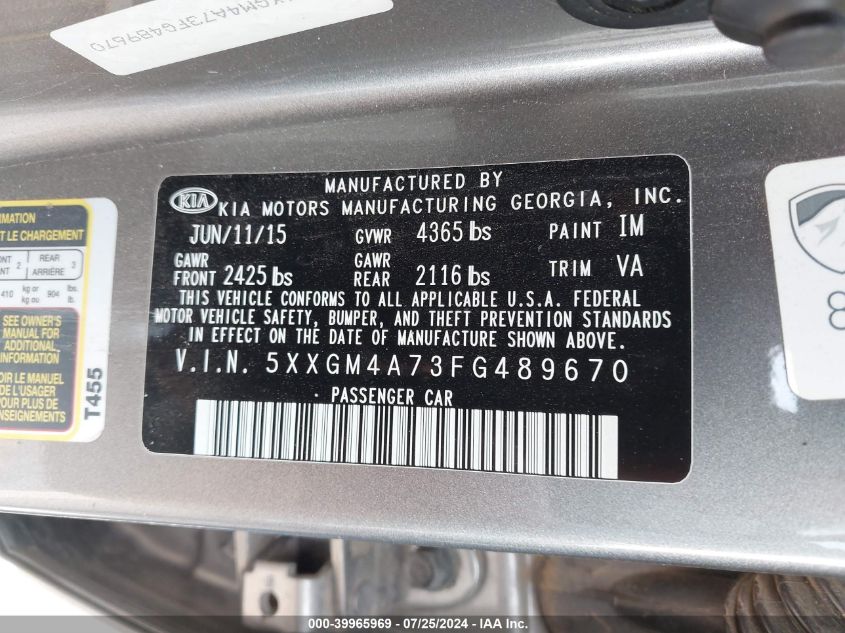 2015 Kia Optima Lx VIN: 5XXGM4A73FG489670 Lot: 39965969