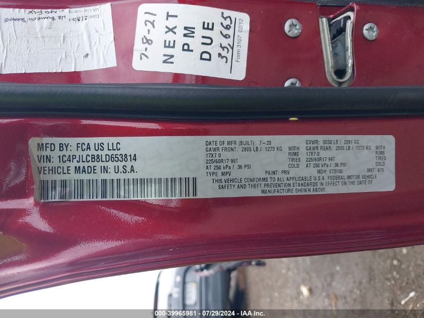 2020 Jeep Cherokee Latitude Fwd VIN: 1C4PJLCB8LD653814 Lot: 39965981