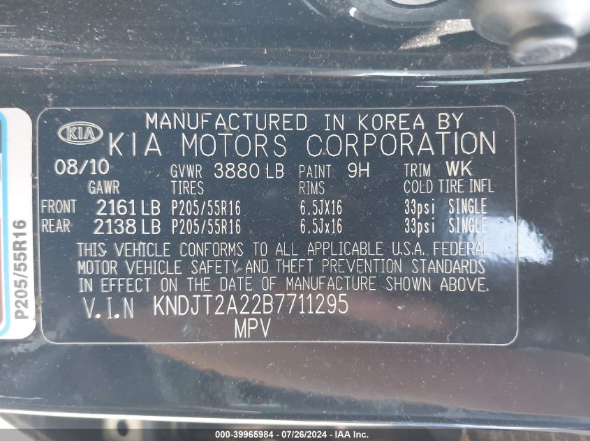 2011 Kia Soul + VIN: KNDJT2A22B7711295 Lot: 39965984