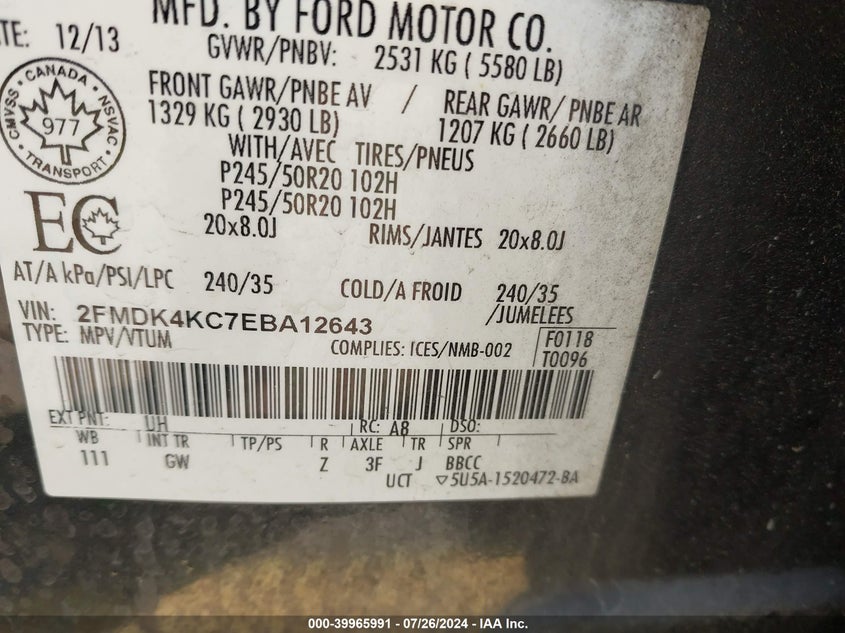 2014 Ford Edge Limited VIN: 2FMDK4KC7EBA12643 Lot: 39965991