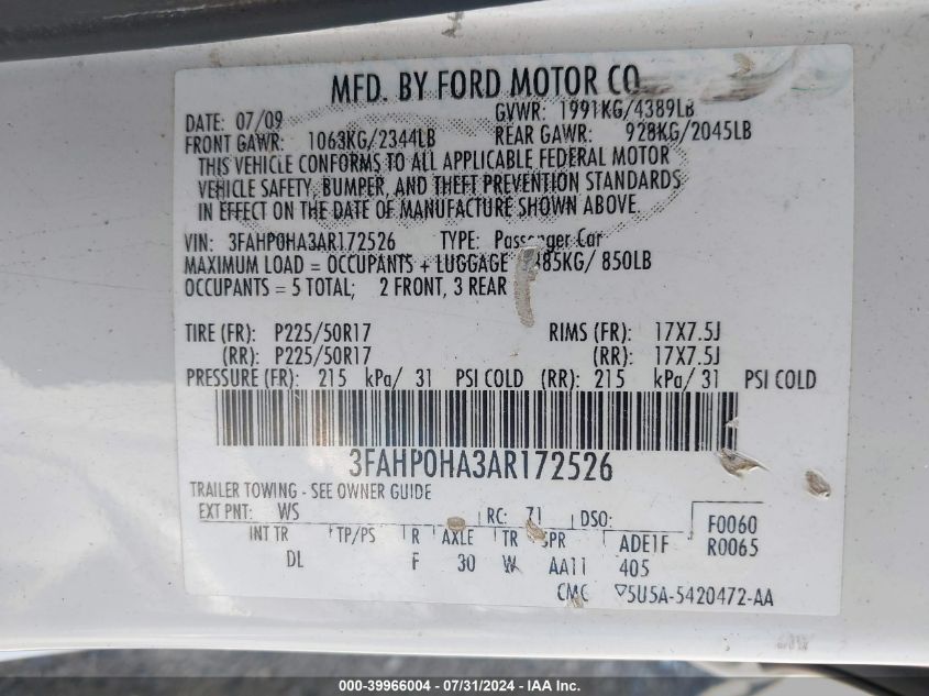 2010 Ford Fusion Se VIN: 3FAHP0HA3AR172526 Lot: 39966004