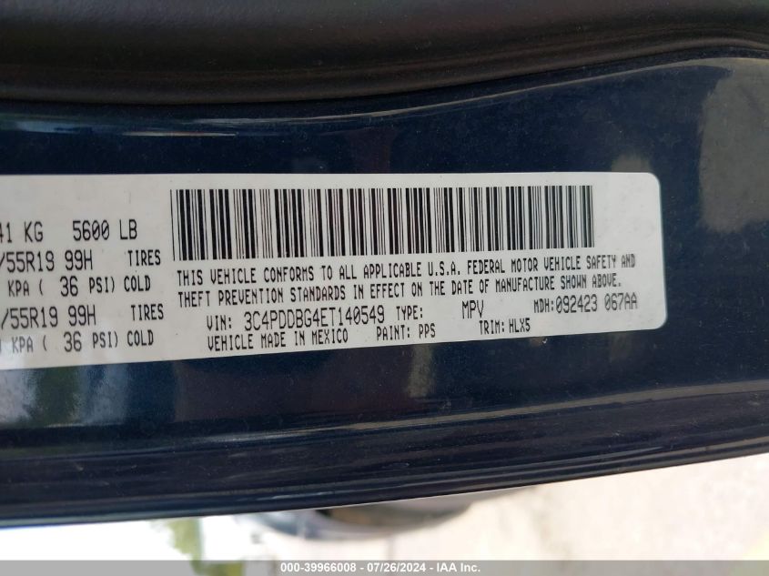 2014 Dodge Journey Sxt VIN: 3C4PDDBG4ET140549 Lot: 39966008