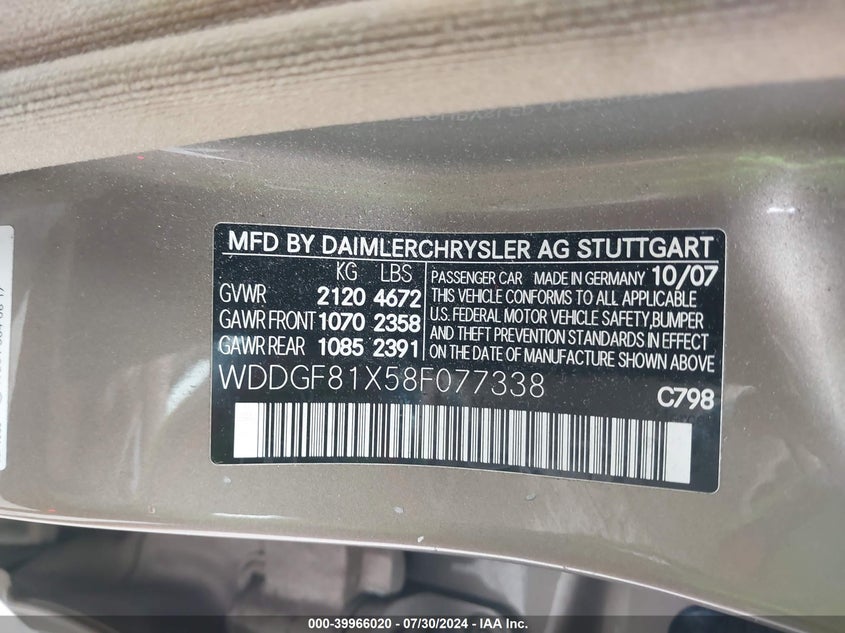 2008 Mercedes-Benz C 300 Luxury 4Matic/Sport 4Matic VIN: WDDGF81X58F077338 Lot: 39966020