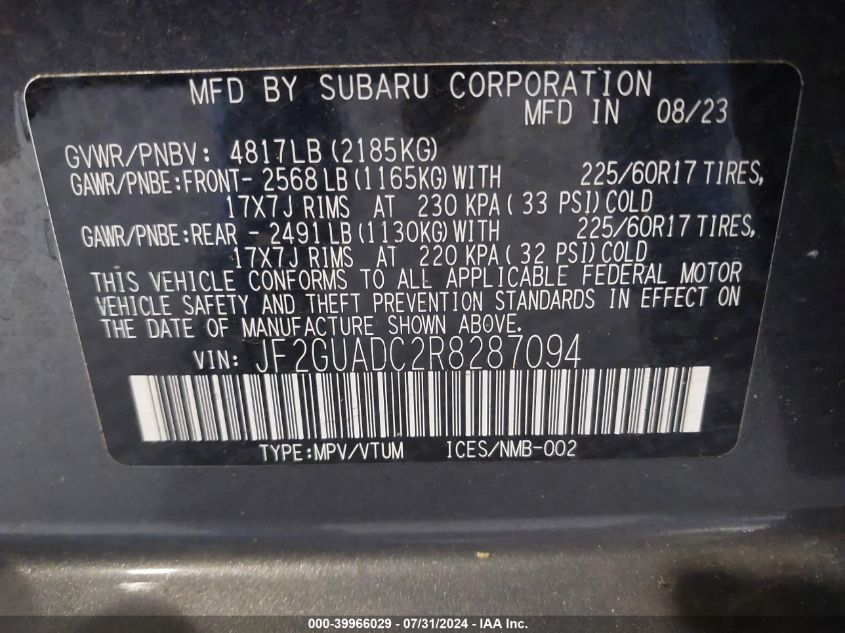 JF2GUADC2R8287094 2024 Subaru Crosstrek Premium