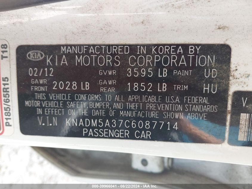 KNADM5A37C6087714 2012 Kia Rio5 Lx