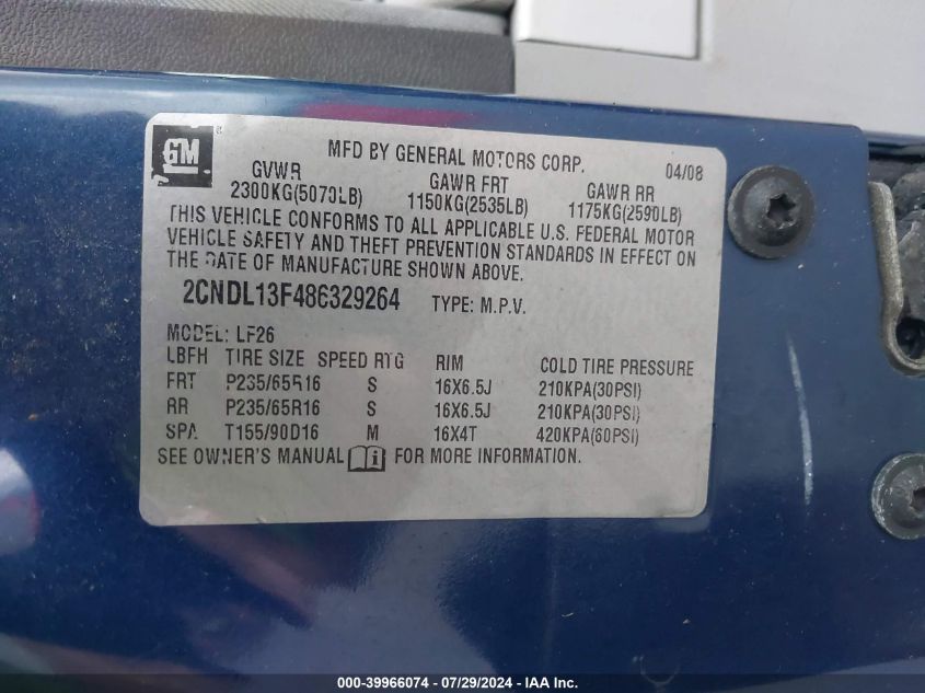 2008 Chevrolet Equinox Ls VIN: 2CNDL13F486329264 Lot: 39966074