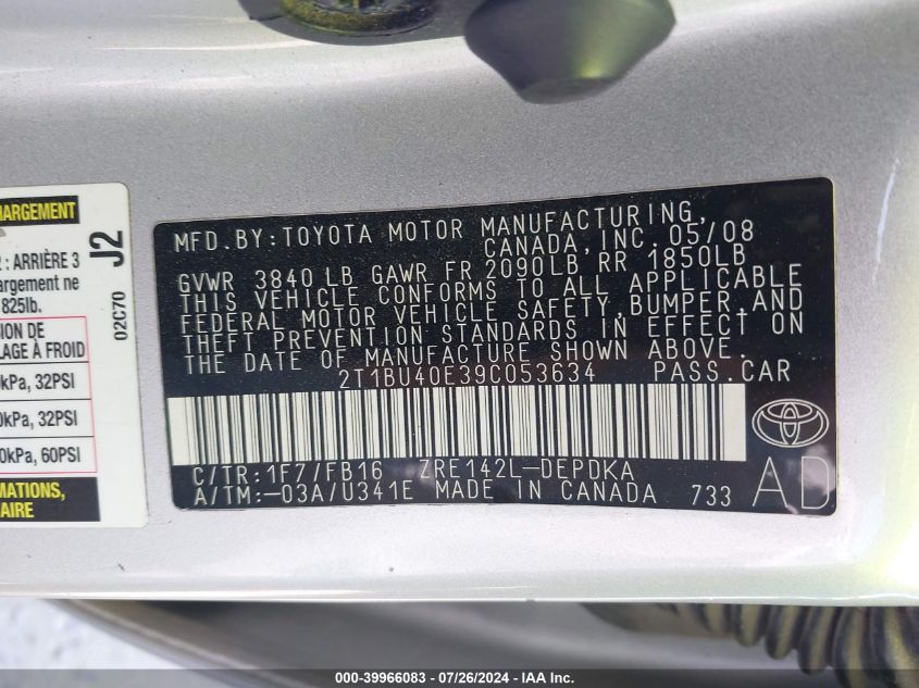 2T1BU40E39C053634 | 2009 TOYOTA COROLLA