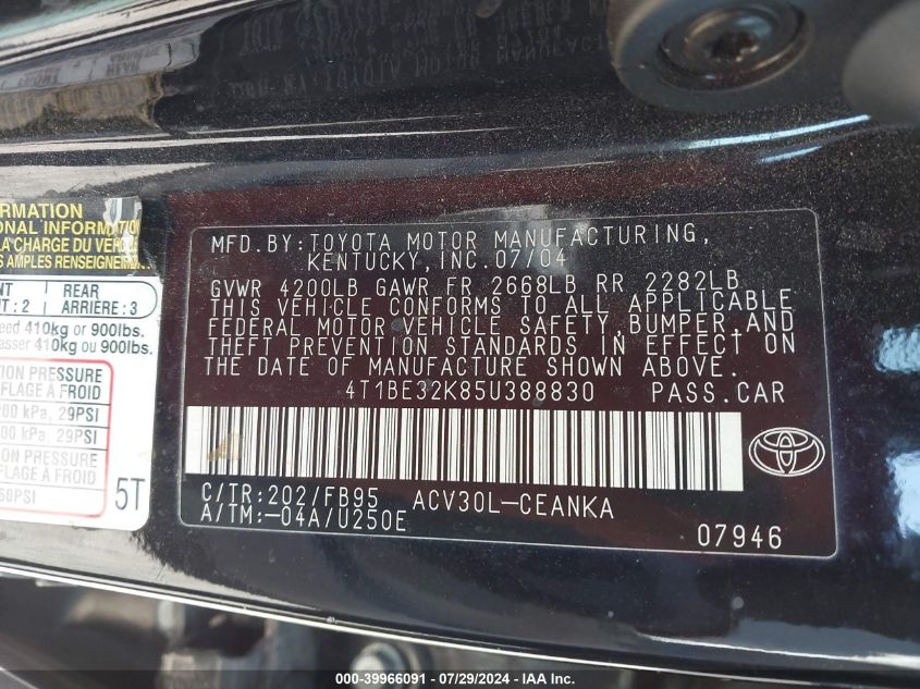 2005 Toyota Camry Le/Xle/Se VIN: 4T1BE32K85U388830 Lot: 39966091