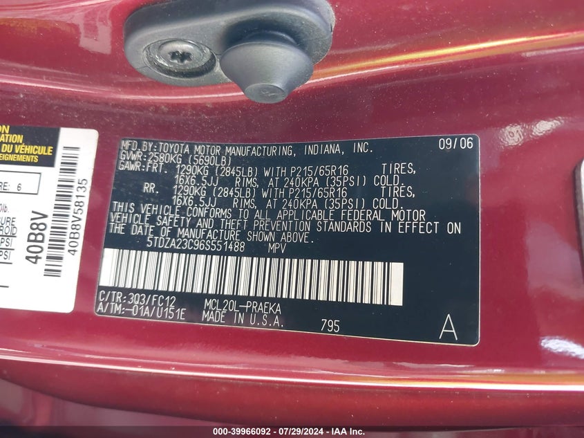 2006 Toyota Sienna Le VIN: 5TDZA23C96S551488 Lot: 39966092