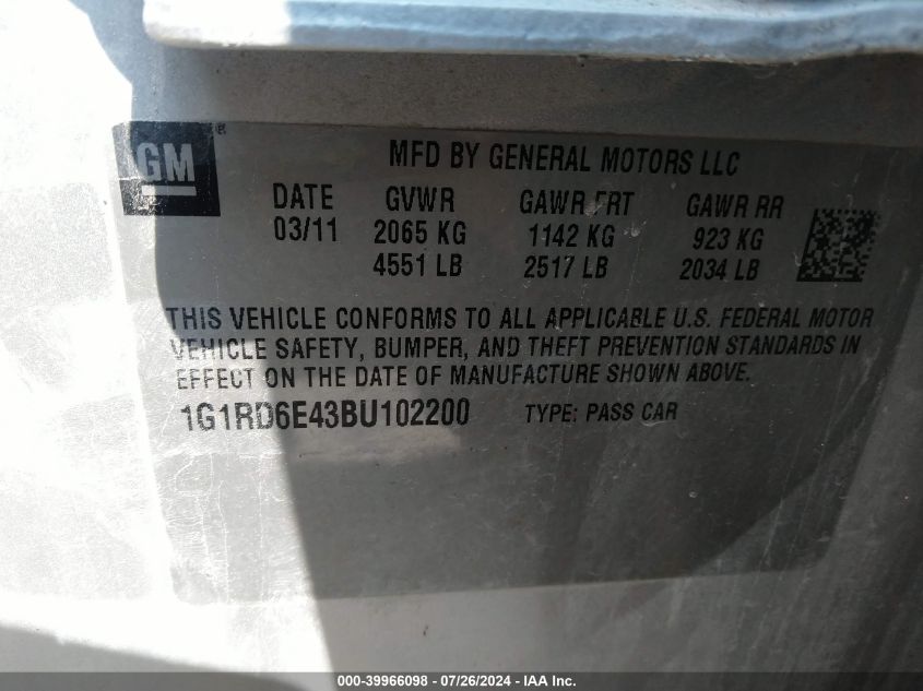 2011 Chevrolet Volt VIN: 1G1RD6E43BU102200 Lot: 39966098