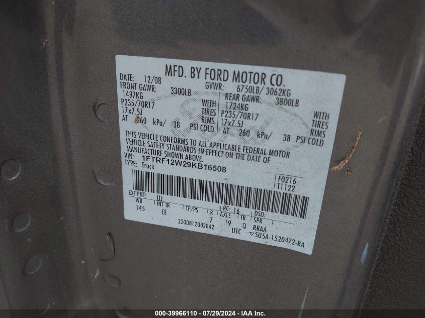 1FTRF12W29KB16508 | 2009 FORD F-150