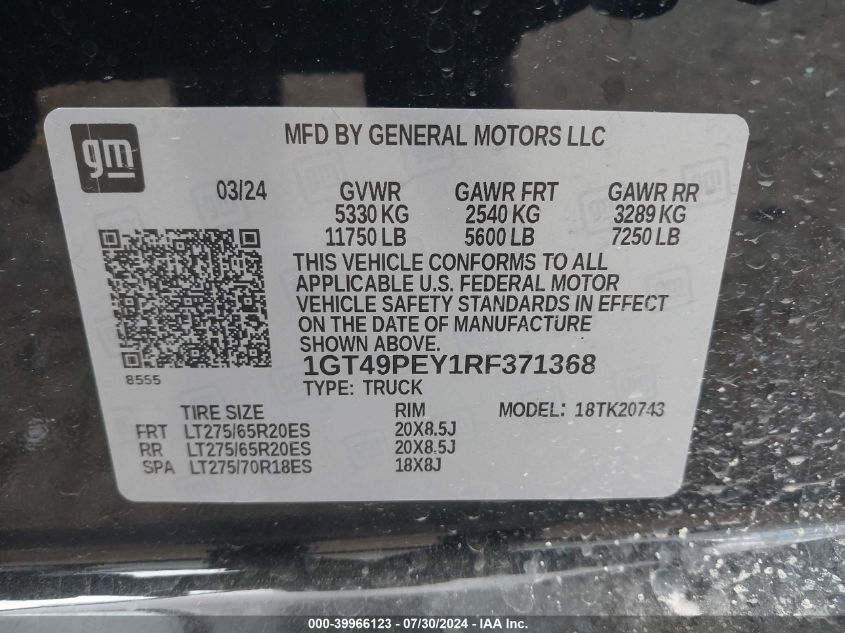 2024 GMC Sierra 2500Hd 4Wd Standard Bed At4 VIN: 1GT49PEY1RF371368 Lot: 39966123