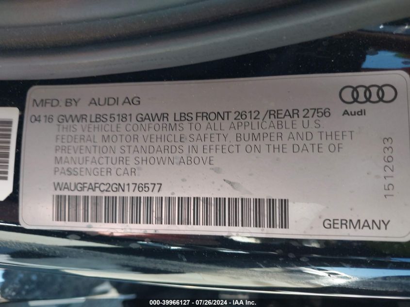2016 Audi A6 2.0T Premium Plus VIN: WAUGFAFC2GN176577 Lot: 39966127