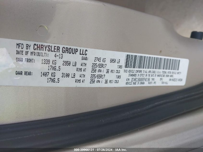 2013 Chrysler Town & Country Touring VIN: 2C4RC1BG0DR742196 Lot: 39966131