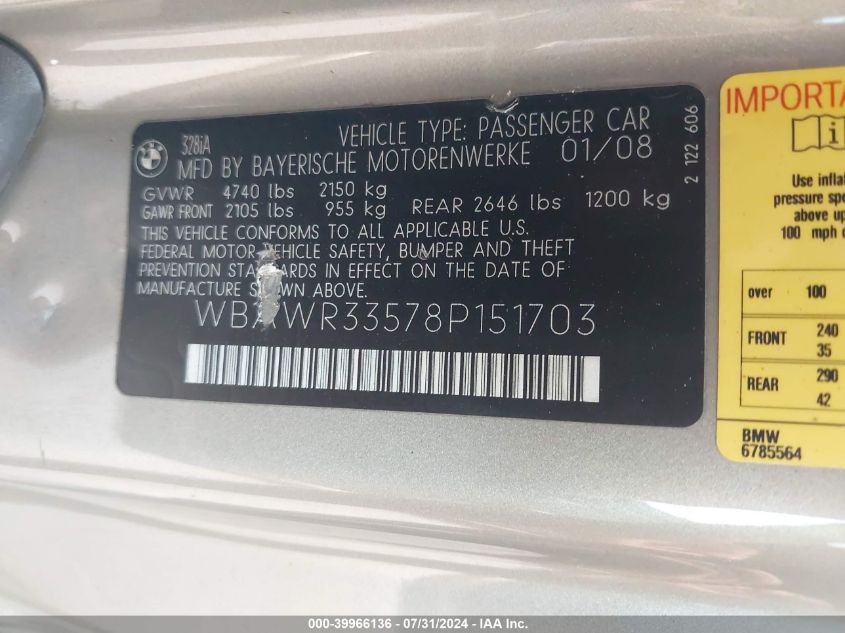 2008 BMW 328I I Sulev VIN: WBAWR33578P151703 Lot: 39966136