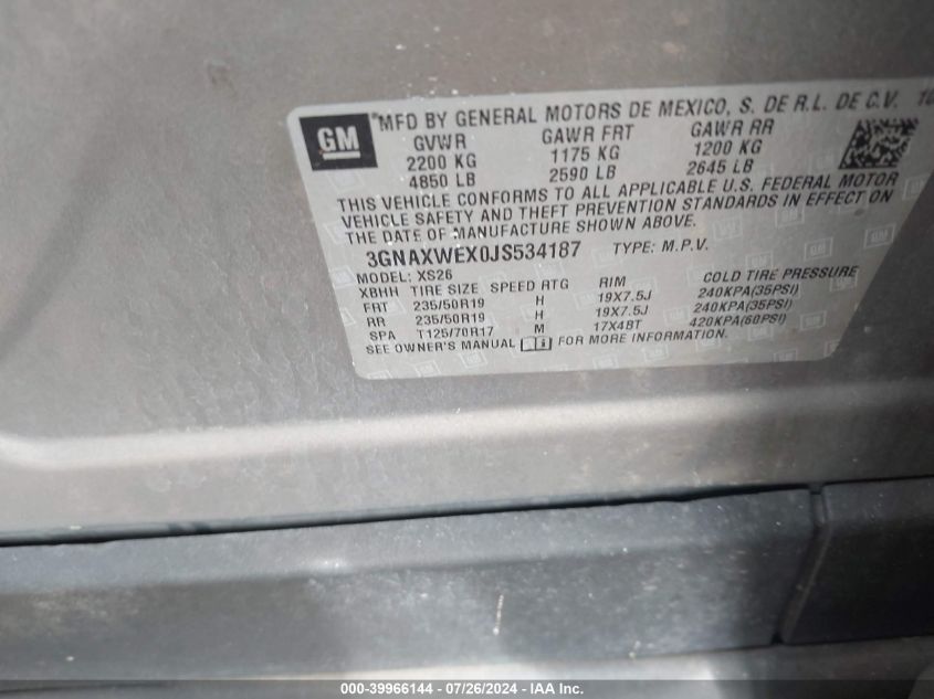 2018 Chevrolet Equinox Premier VIN: 3GNAXWEX0JS534187 Lot: 39966144