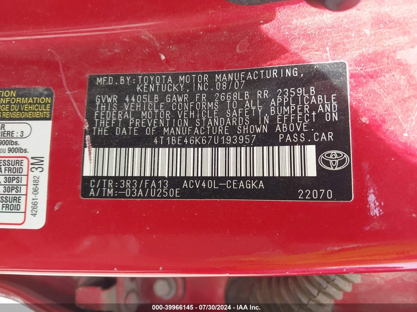 2007 Toyota Camry Ce/Le/Se/Xle VIN: 4T1BE46K67U193957 Lot: 39966145