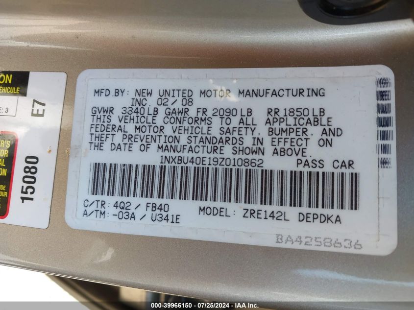 2009 Toyota Corolla Le VIN: 1NXBU40E19Z010862 Lot: 39966150