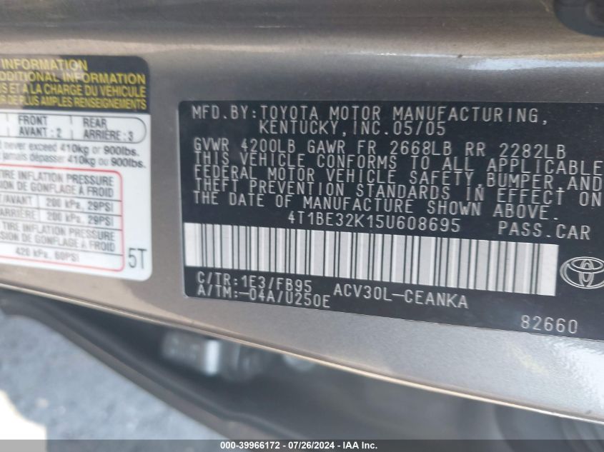 2005 Toyota Camry Std VIN: 4T1BE32K15U608695 Lot: 39966172
