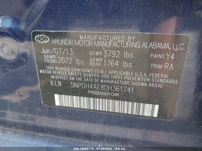 2013 Hyundai Elantra Gls VIN: 5NPDH4AE8DH361741 Lot: 39966174