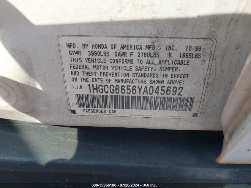 2000 Honda Accord 2.3 Lx VIN: 1HGCG6656YA045692 Lot: 39966180