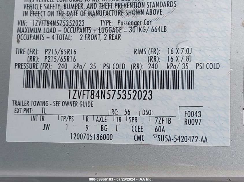 2007 Ford Mustang VIN: 1ZVFT84N575352023 Lot: 39966183