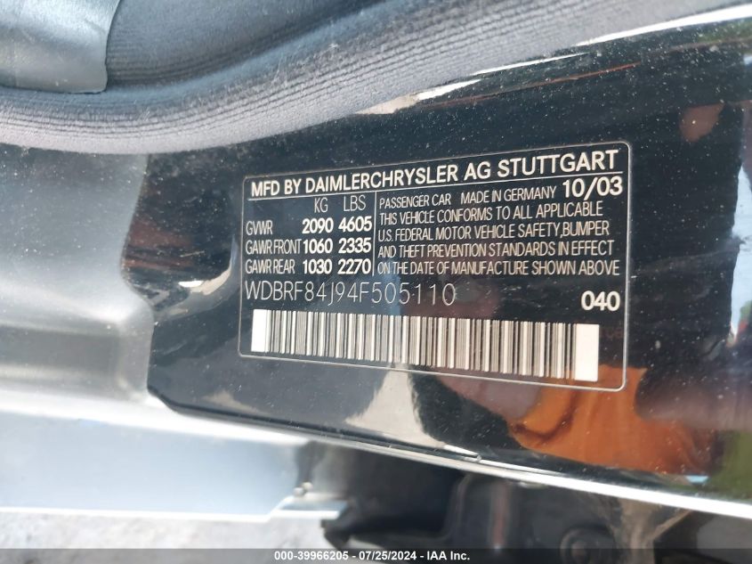 2004 Mercedes-Benz C 320 4Matic VIN: WDBRF84J94F505110 Lot: 39966205