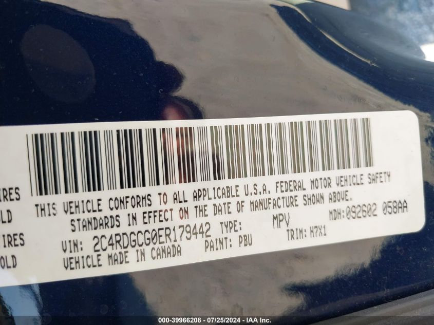 2014 Dodge Grand Caravan Sxt VIN: 2C4RDGCG0ER179442 Lot: 39966208