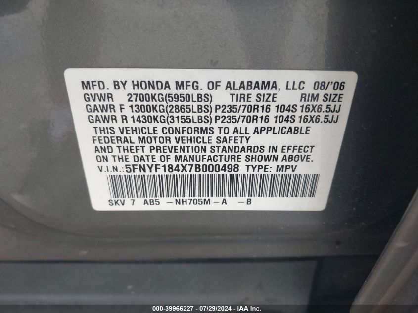 2007 Honda Pilot Ex VIN: 5FNYF184X7B000498 Lot: 39966227