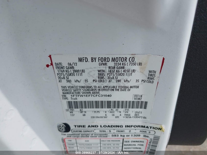 2012 Ford F-150 Fx4 VIN: 1FTFW1EF7CFC31040 Lot: 39966237