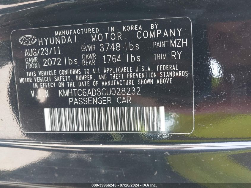 2012 Hyundai Veloster Base W/Gray VIN: KMHTC6AD3CU028232 Lot: 39966245