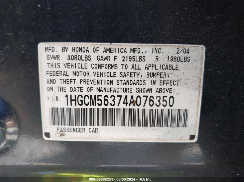 2004 Honda Accord Lx VIN: 1HGCM56374A076350 Lot: 39966251